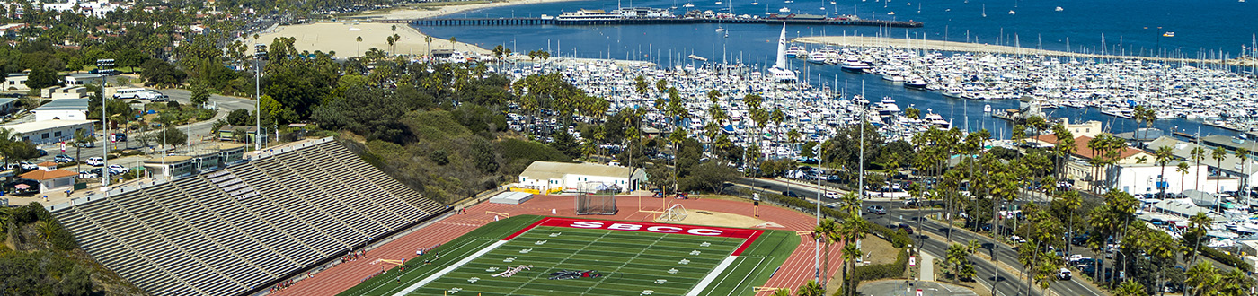 La Playa Stadium and the Santa Barbara harbor in the background